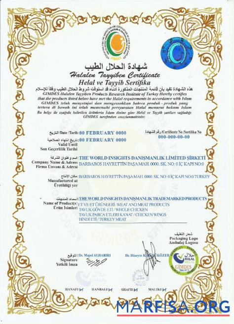 Realistic Turkey Halalen Tayyiben Certificate PSD sample download for verification